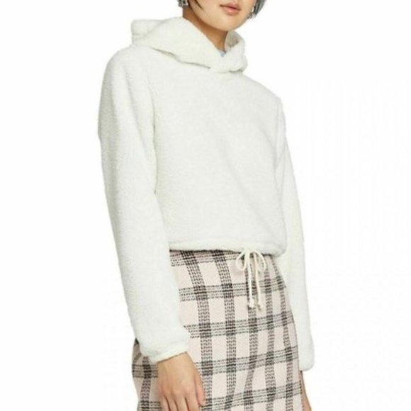Wild Fable Women's Hooded Faux Fur Sherpa Crop Sweatshirt Ivory Size XS - Picture 3 of 5